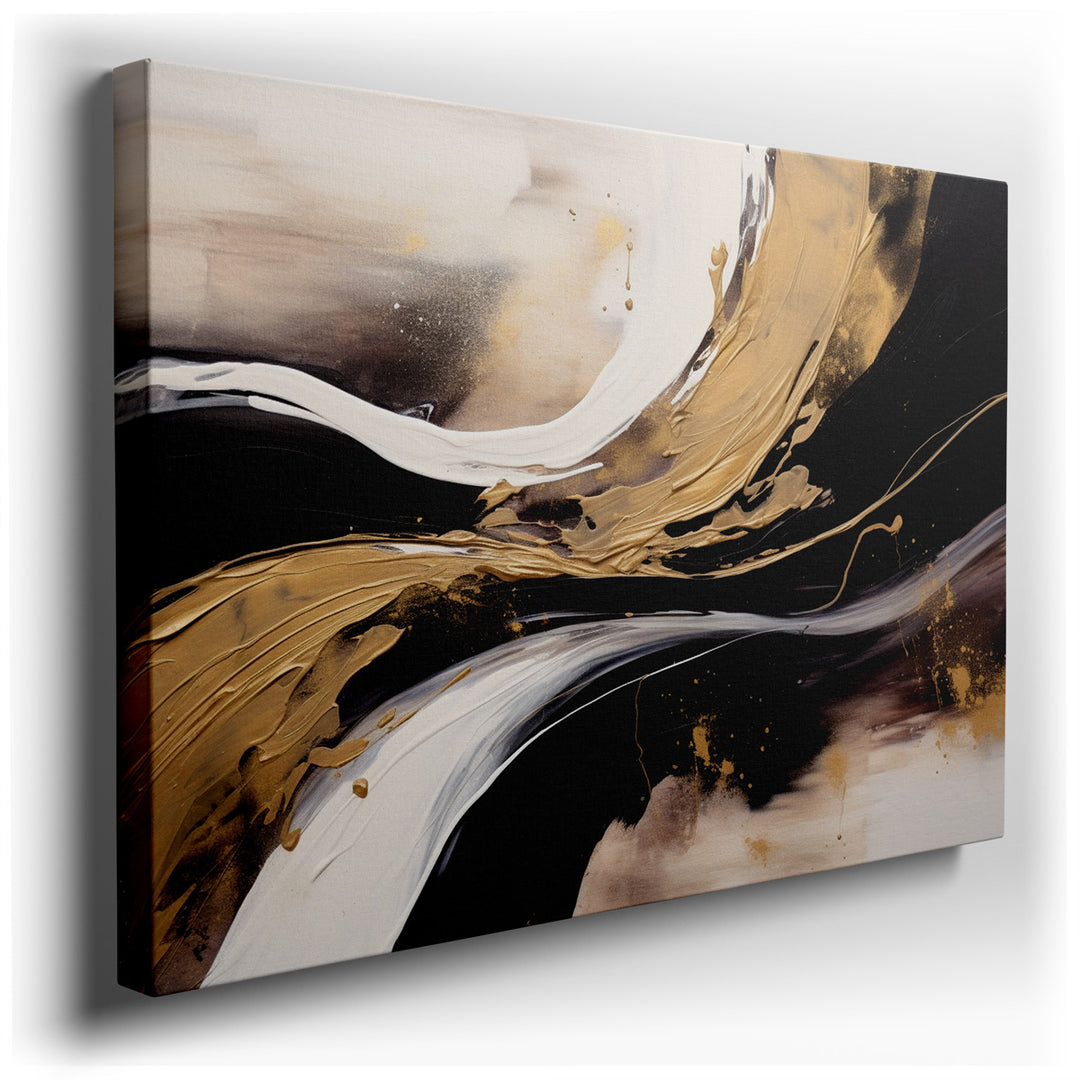 canvas print on wrapped canvas for wall decor – This wall art is a stunning example of abstract art that masterfully combines a palette of black, white, and gold to cre...