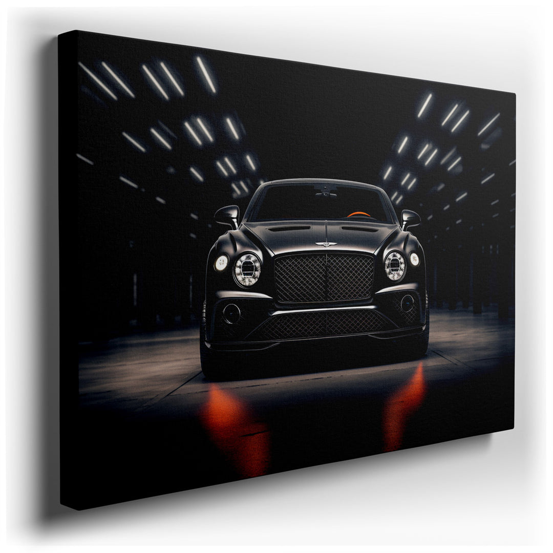canvas print on wrapped canvas for wall decor – The wall art captures an elegant black luxury car, masterfully positioned at the center of a dimly-lit garage, its prese...