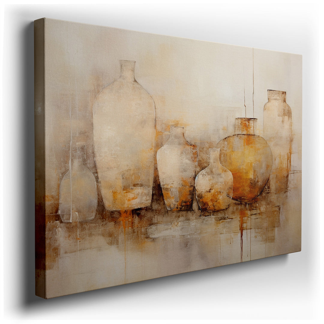 canvas print on wrapped canvas for wall decor – This contemporary wall art, a captivating assembly of various vase shapes, is rendered in a modern color palette that em...