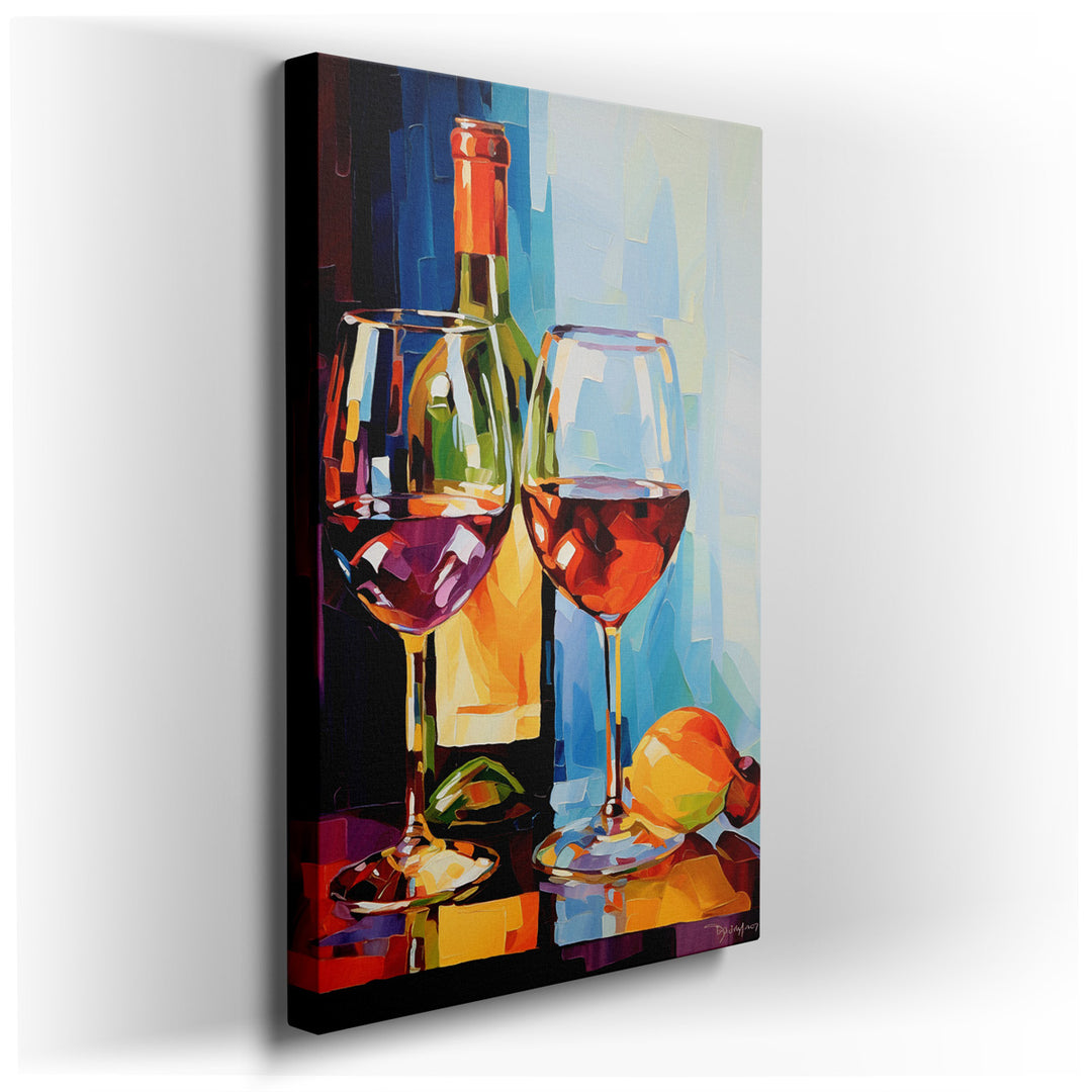 canvas print on wrapped canvas for wall decor – This wall art captures a scene of simple yet profound elegance, featuring two slender wine glasses accompanied by a grac...