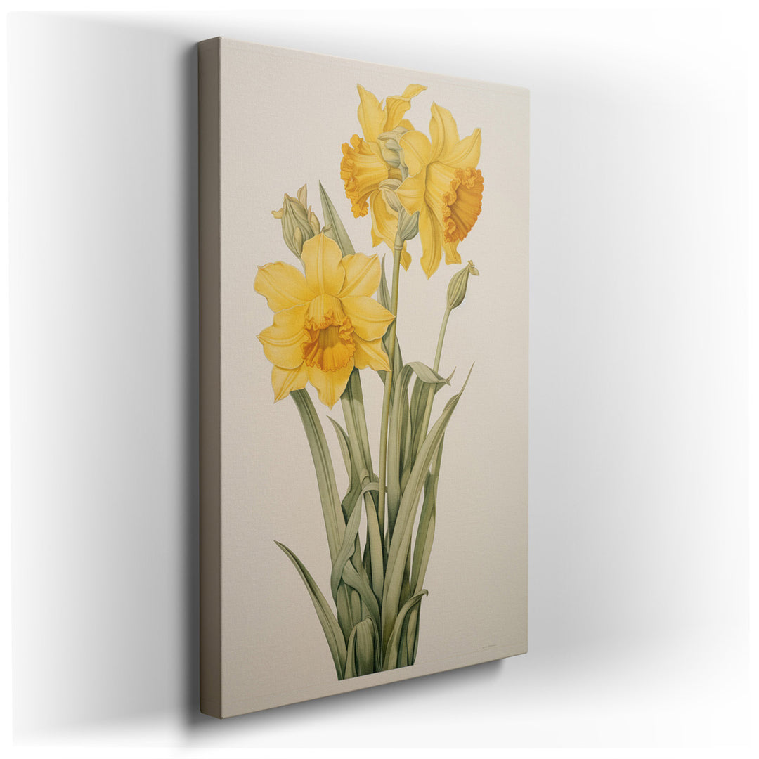 canvas print on wrapped canvas for wall decor – This enchanting wall art captures the essence of spring with its vivid portrayal of bright yellow daffodils set against...