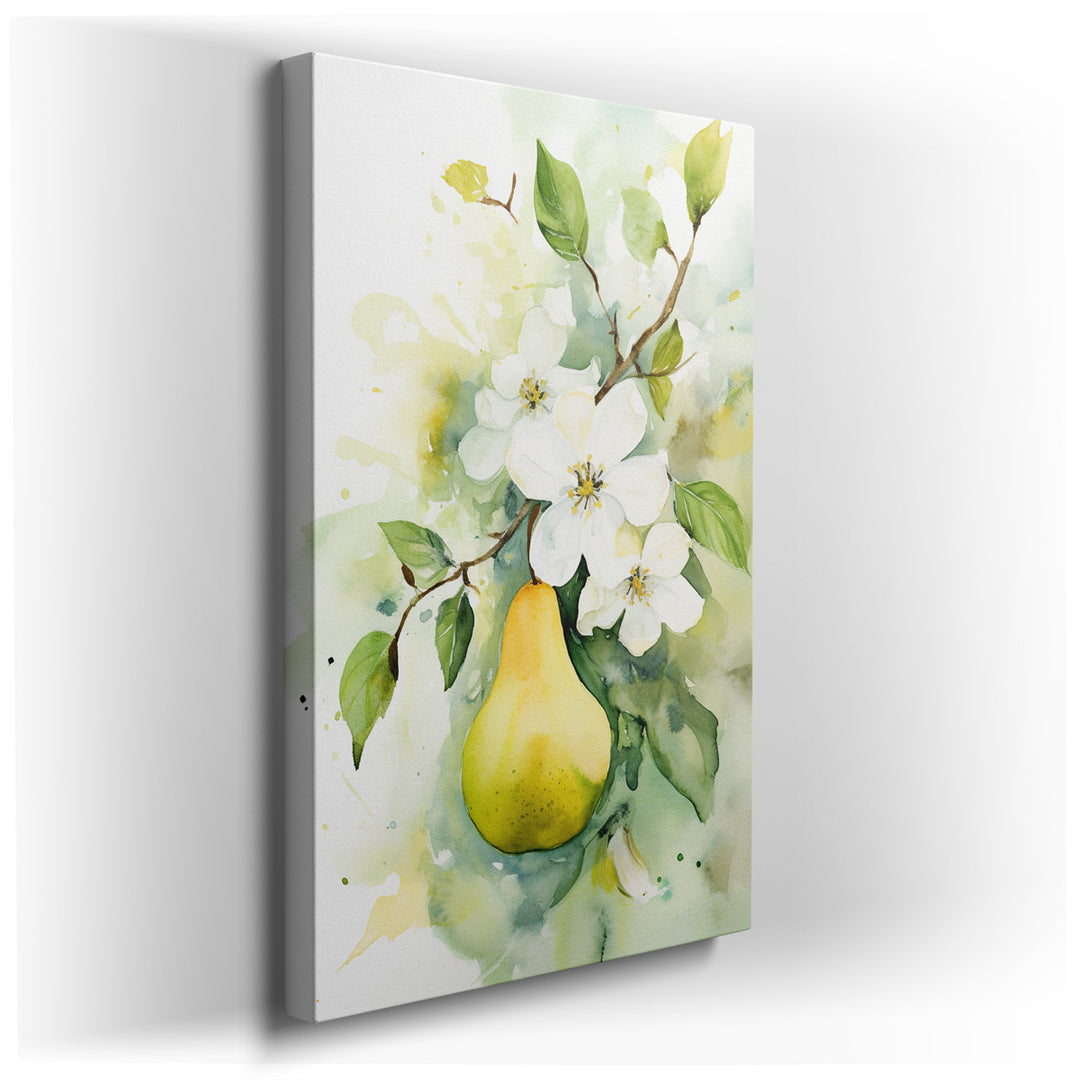 canvas print on wrapped canvas for wall decor – This exquisite watercolor wall art captures the essence of spring with its vivid portrayal of a fresh pear surrounded by...