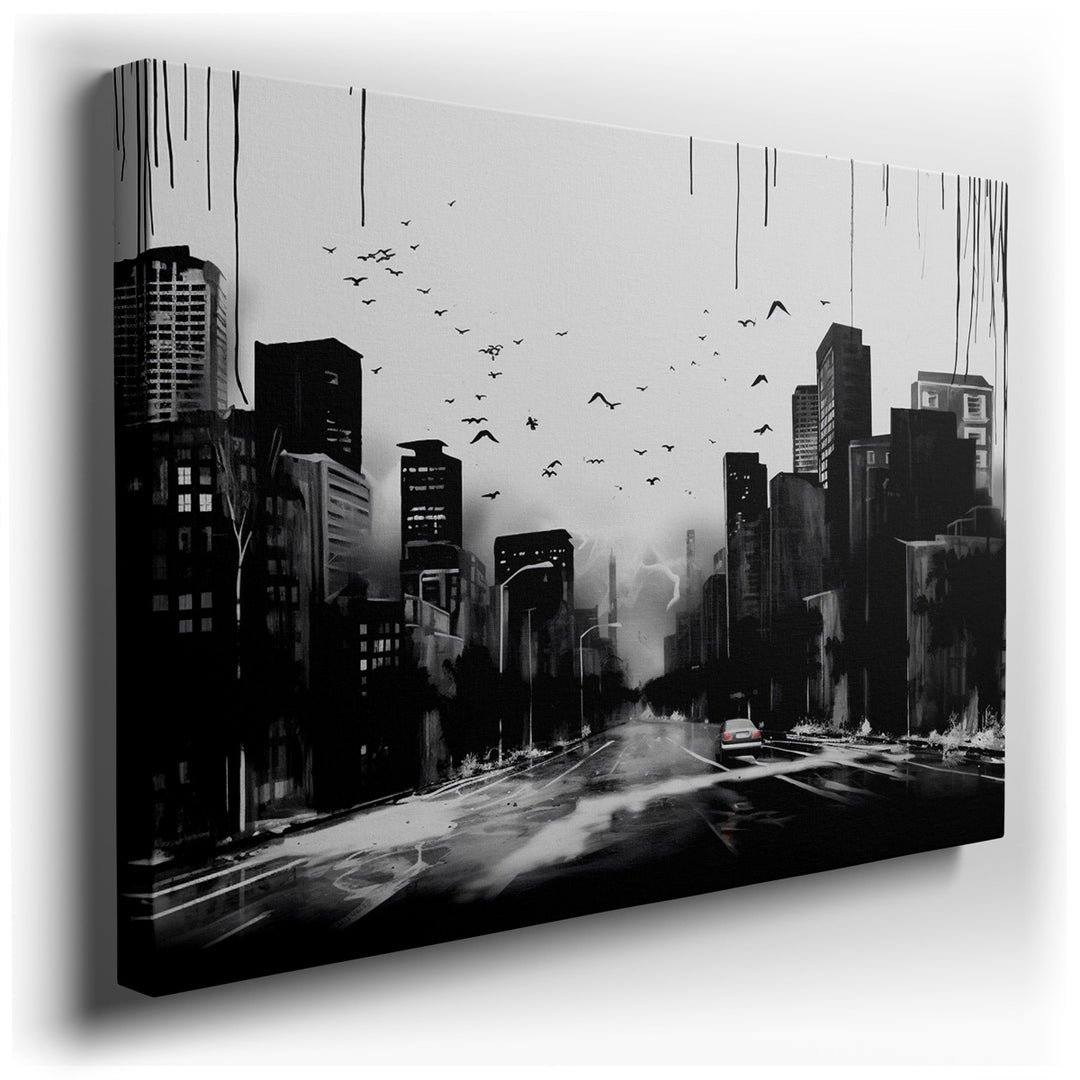 canvas print on wrapped canvas for wall decor – This wall art, a striking urban landscape rendered in dramatic black and white, offers a profound visual exploration of...