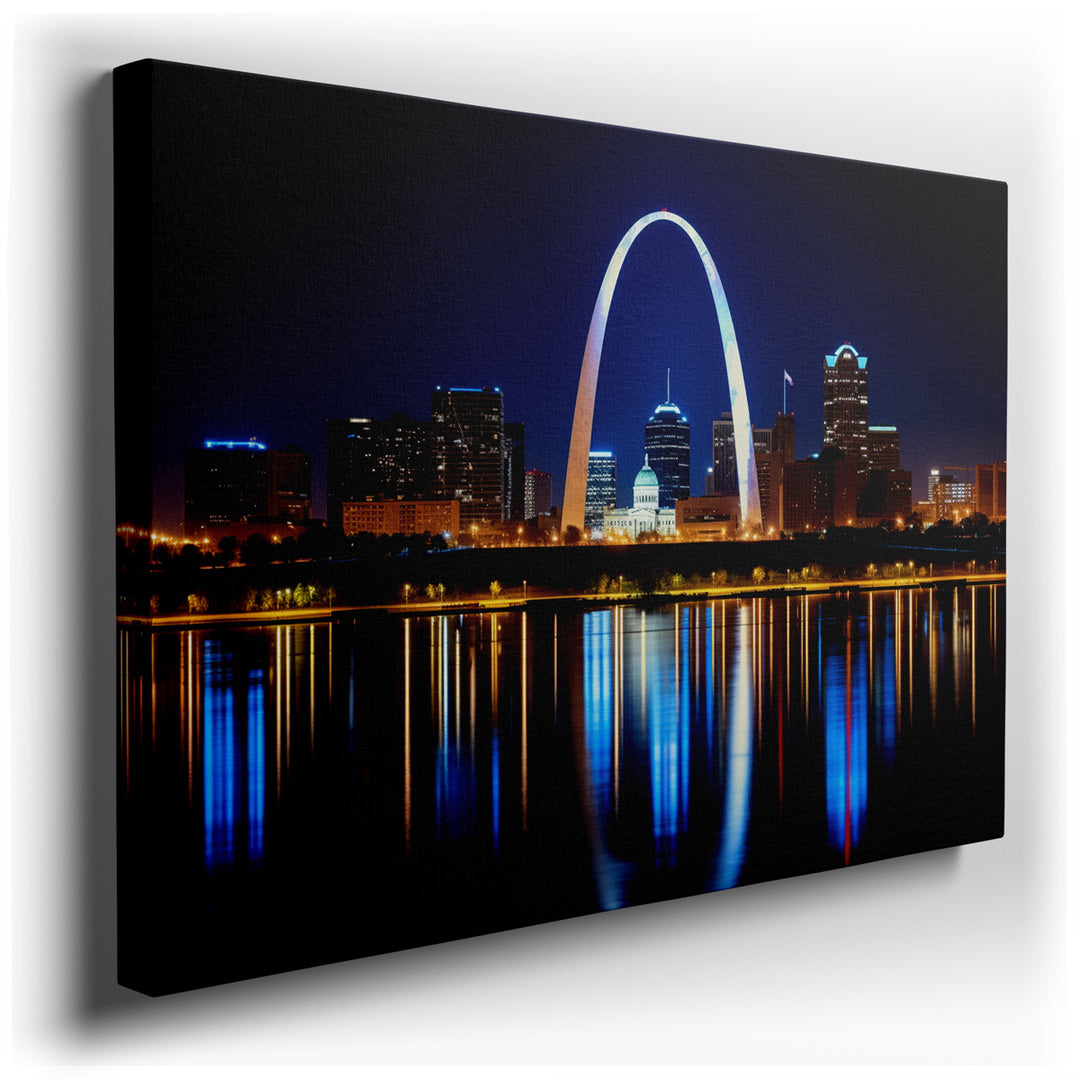 canvas print on wrapped canvas for wall decor – This wall art captures the iconic Gateway Arch of St. Louis in a breathtaking nocturnal setting, where it gleams majesti...