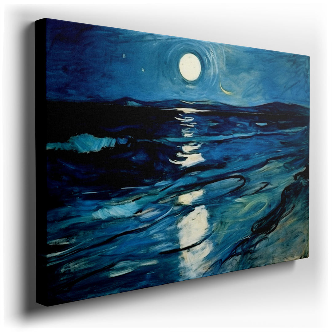 canvas print on wrapped canvas for wall decor – This enchanting wall art captures a mesmerizing nocturnal seascape, where the majesty of the ocean under the moonlight i...
