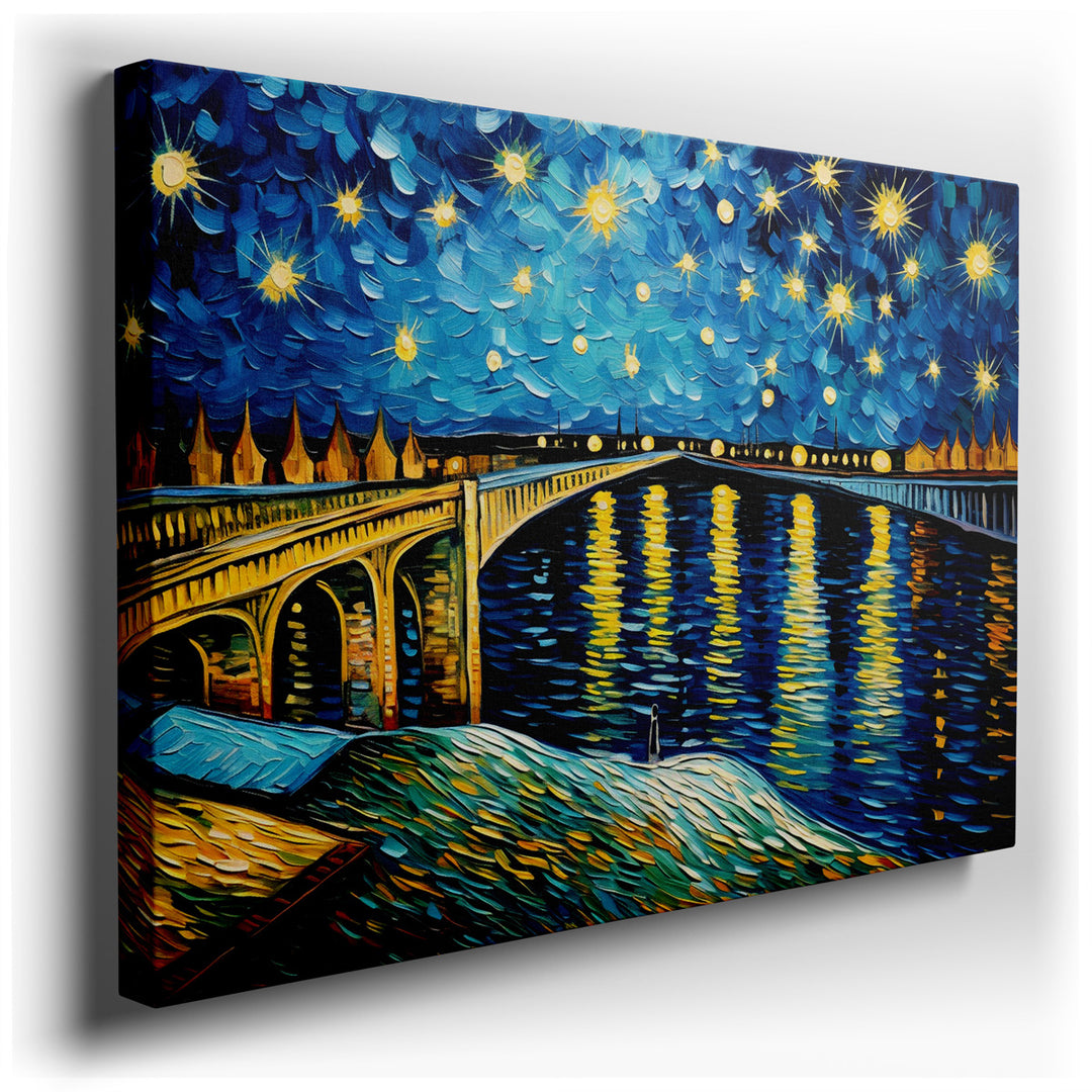 canvas print on wrapped canvas for wall decor – This enchanting wall art captures a breathtaking starry night over a gently flowing river, where the vibrant lights from...
