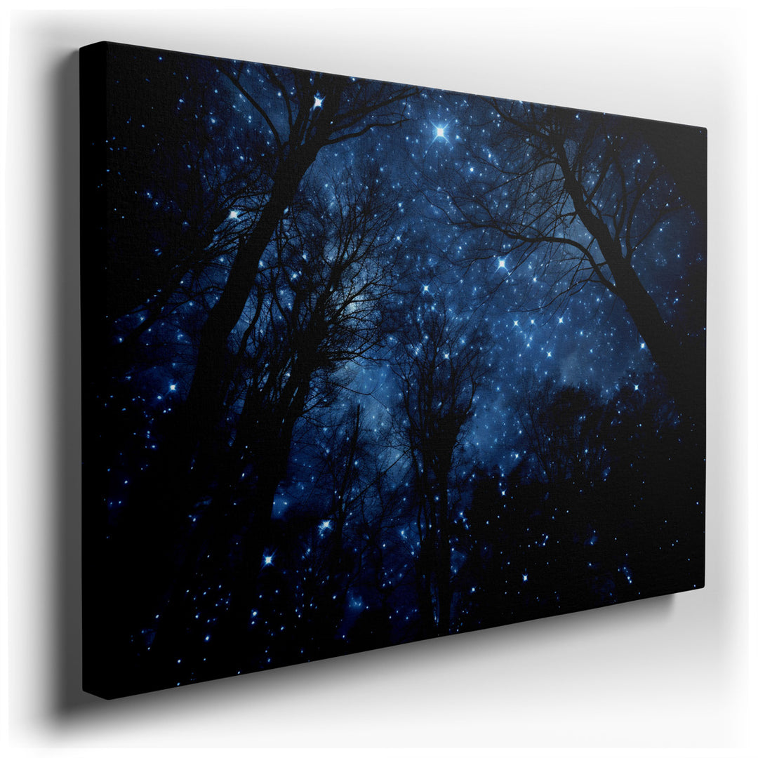 canvas print on wrapped canvas for wall decor – This wall art, a mesmerizing depiction of a starry night sky over a shadowy forest, is a masterpiece that invites viewer...