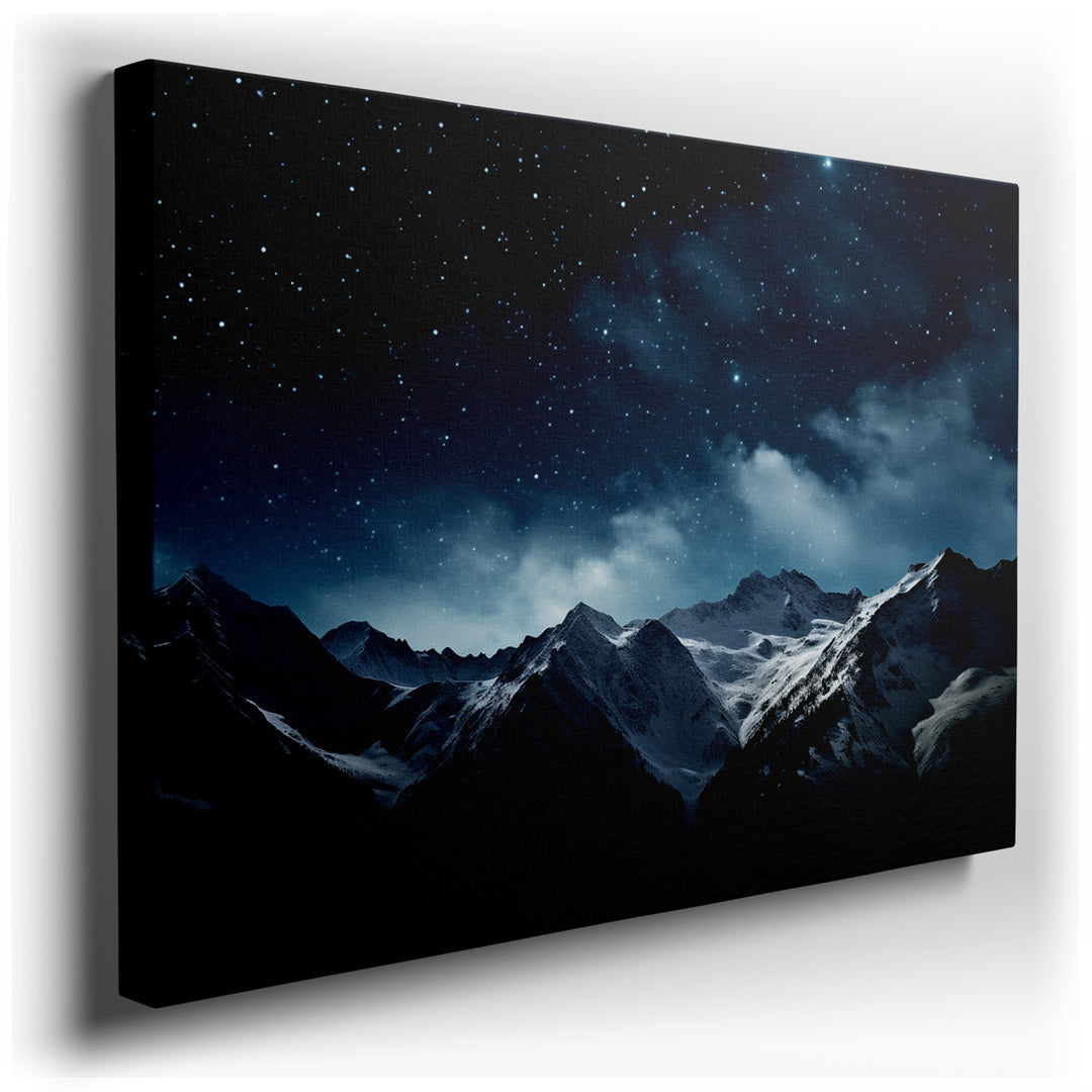 canvas print on wrapped canvas for wall decor – This exquisite wall art captures a mesmerizing landscape under a starlit sky, where the celestial realm meets the earthl...