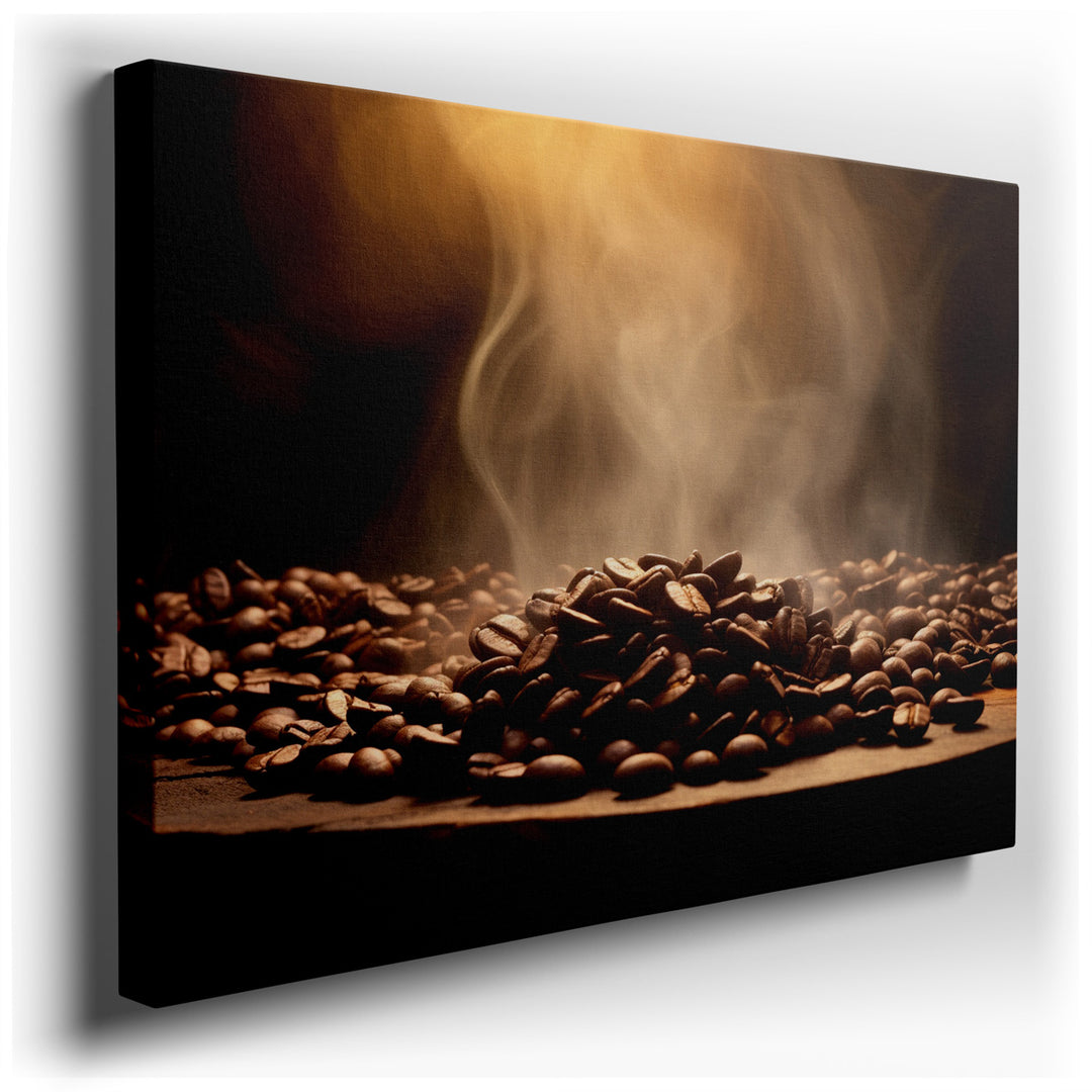 canvas print on wrapped canvas for wall decor – This wall art, a masterful depiction of a pile of coffee beans gently emitting steam atop a rustic wooden surface, is a...