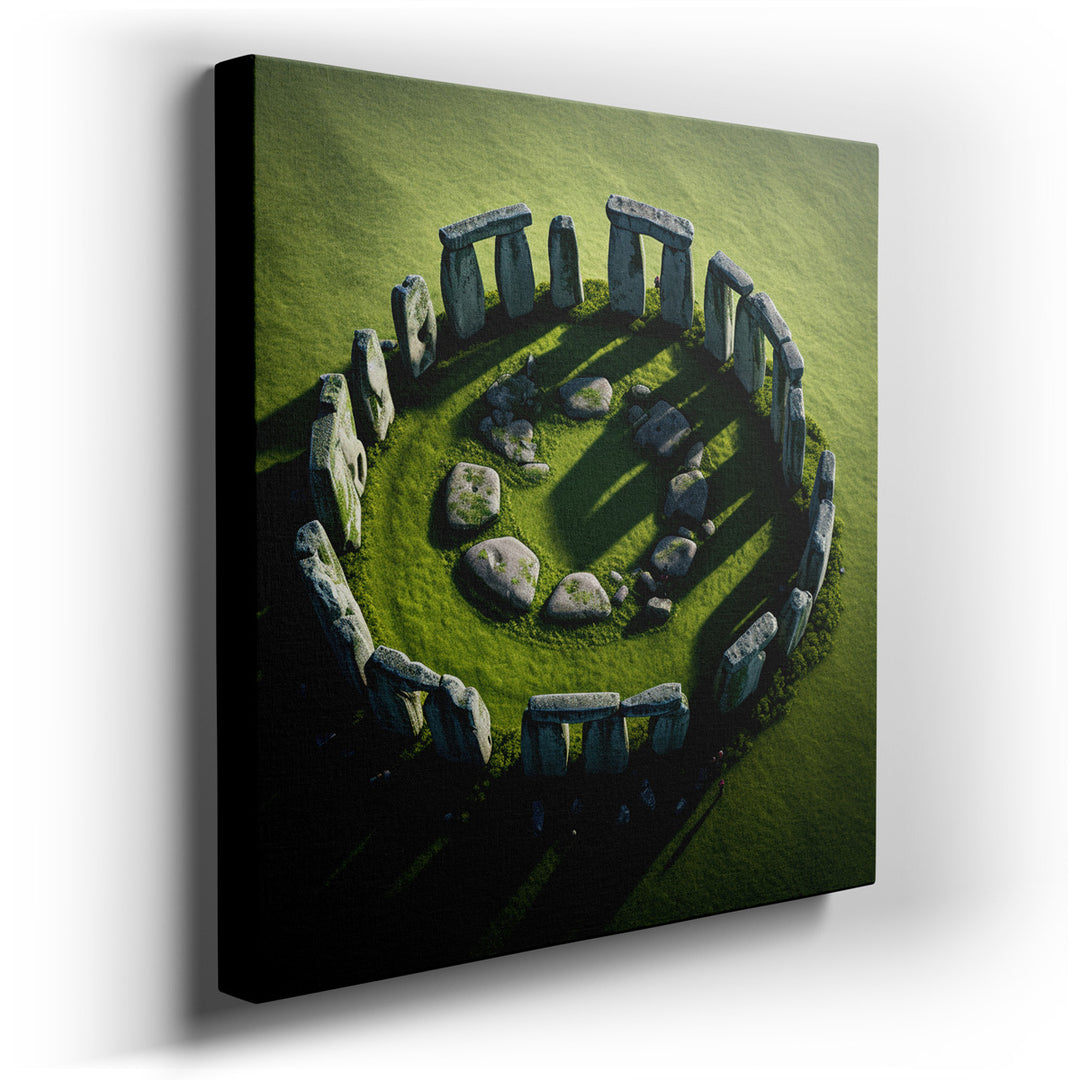 canvas print on wrapped canvas for wall decor – This wall art offers a breathtaking aerial perspective of the iconic Stonehenge, capturing the grandeur and enigmatic al...
