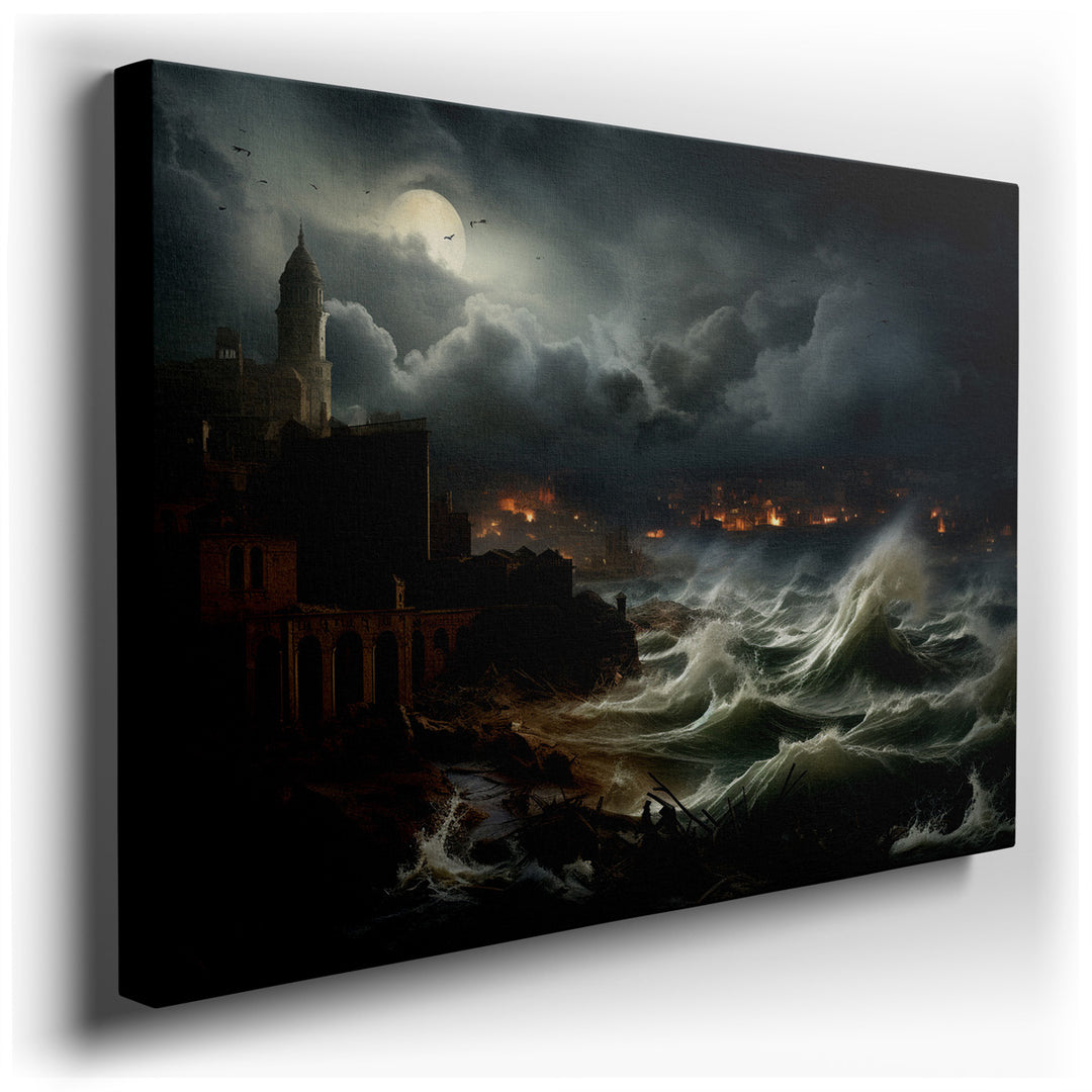 canvas print on wrapped canvas for wall decor – This evocative wall art captures a tempestuous scene on a storm-ravaged coastline, where the forces of nature clash dram...