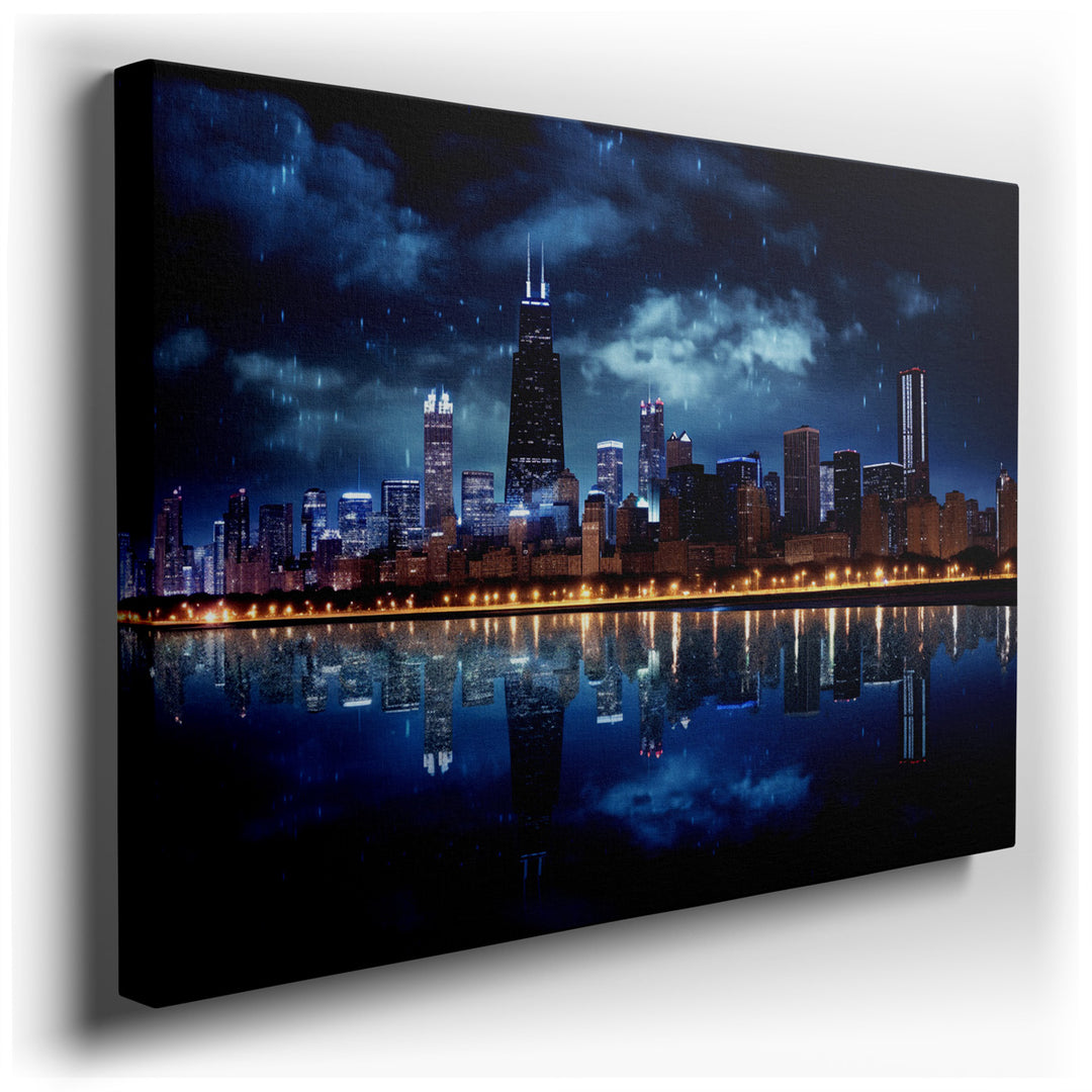 canvas print on wrapped canvas for wall decor – This wall art captures a breathtaking scene of Chicago on a rain-soaked evening, where the city's iconic skyline emerges...