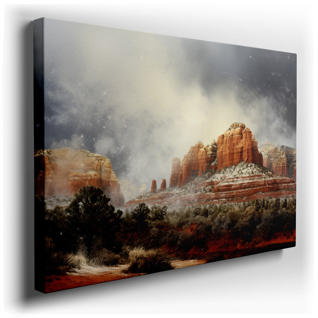 canvas print on wrapped canvas for wall decor – This wall art captures a breathtaking stormy landscape, where snowfall blankets the majestic red rock mountains, creatin...