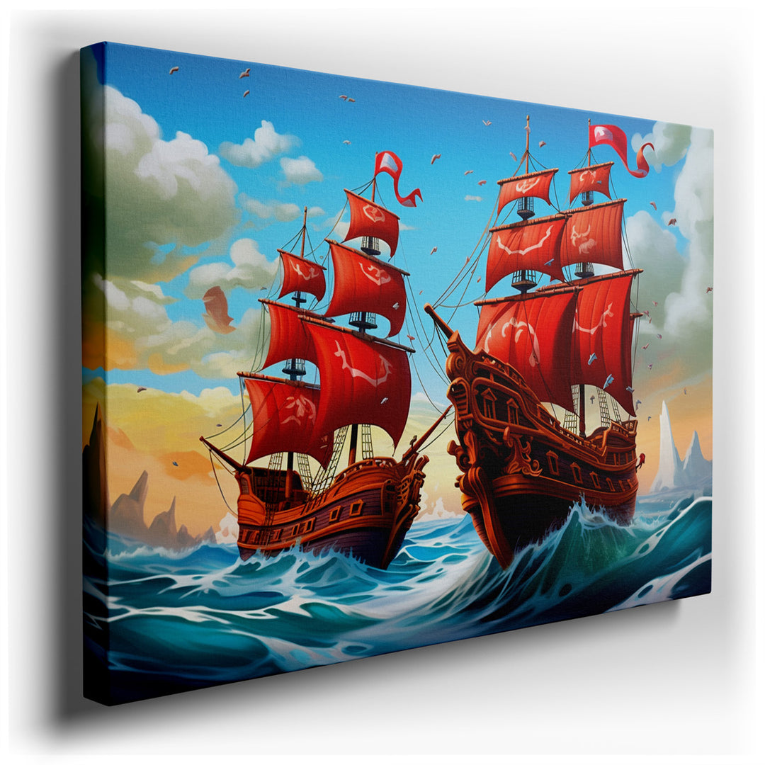 canvas print on wrapped canvas for wall decor – This captivating wall art vividly portrays the thrilling life of piracy on the high seas, featuring two magnificent pira...