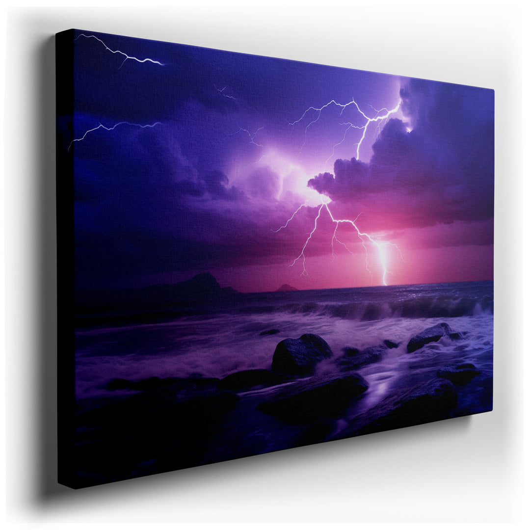 canvas print on wrapped canvas for wall decor – This wall art, a masterful depiction of a stormy seascape, captures the awe-inspiring spectacle of lightning striking ov...