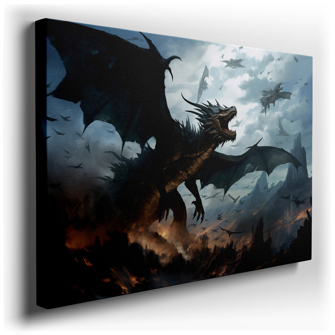 canvas print on wrapped canvas for wall decor – This wall art captures the essence of mythical grandeur and adventure, presenting a fearsome dragon in flight, masterful...
