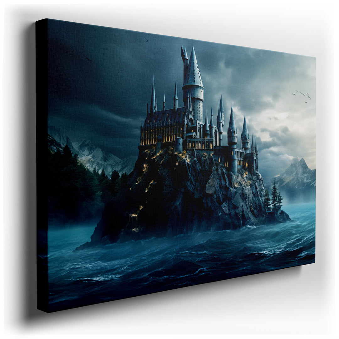 canvas print on wrapped canvas for wall decor – This wall art, a striking depiction of a majestic castle perched precariously on a rocky shoreline, is a masterpiece of...