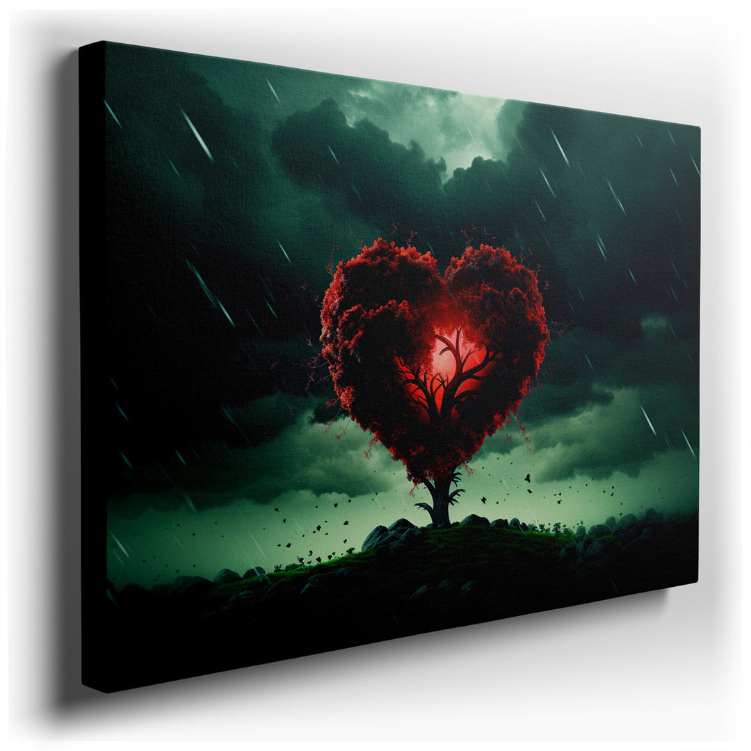canvas print on wrapped canvas for wall decor – This wall art, a captivating portrayal of nature's raw emotion and beauty, features a heart-shaped tree as its central f...