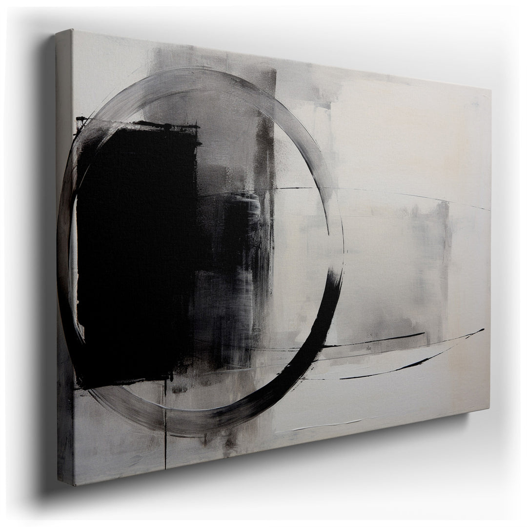 canvas print on wrapped canvas for wall decor – This wall art, a mesmerizing composition of abstract forms and contrasting hues, is dominated by a bold circular element...