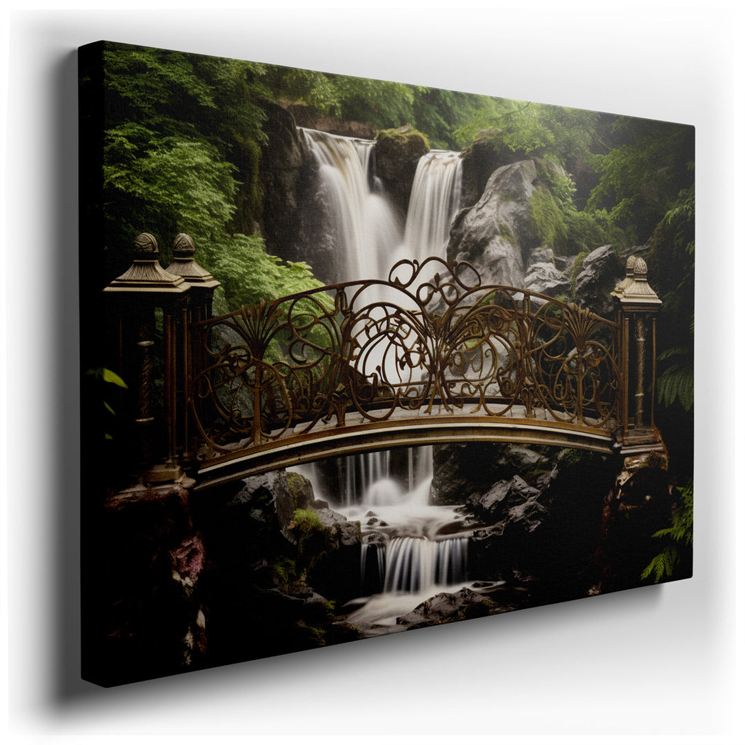 canvas print on wrapped canvas for wall decor – This wall art, a masterful depiction of serene natural beauty intertwined with human ingenuity, portrays an ornately des...