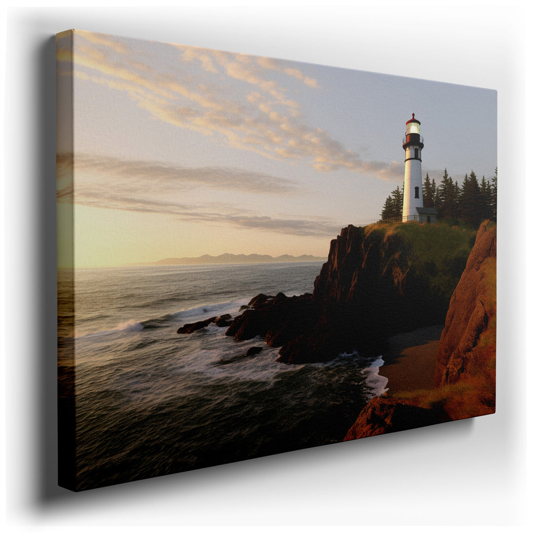 canvas print on wrapped canvas for wall decor – This enchanting wall art captures the majestic presence of a lighthouse standing resiliently on a rugged cliff, illumina...