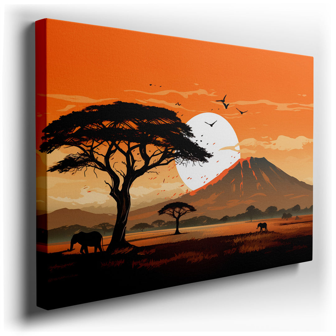 canvas print on wrapped canvas for wall decor – This exquisite wall art captures a serene moment in the African wilderness, where a group of majestic elephants grazes p...