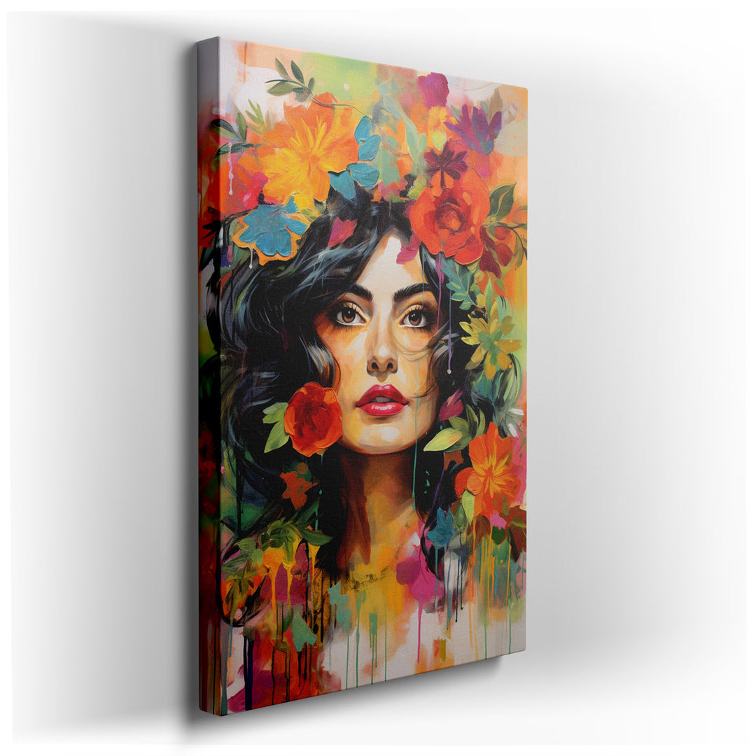 canvas print on wrapped canvas for wall decor – This wall art, a striking portrait of a woman crowned with a lush, vibrant bouquet of flowers, is a masterpiece of color...
