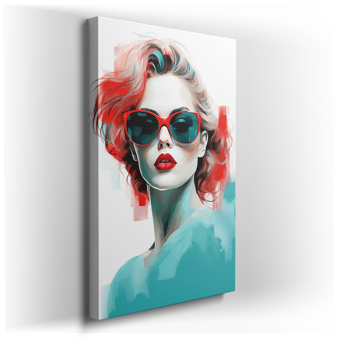 canvas print on wrapped canvas for wall decor – This wall art, a striking portrait of a woman adorned with turquoise sunglasses and vivid red lips, exudes a powerful au...