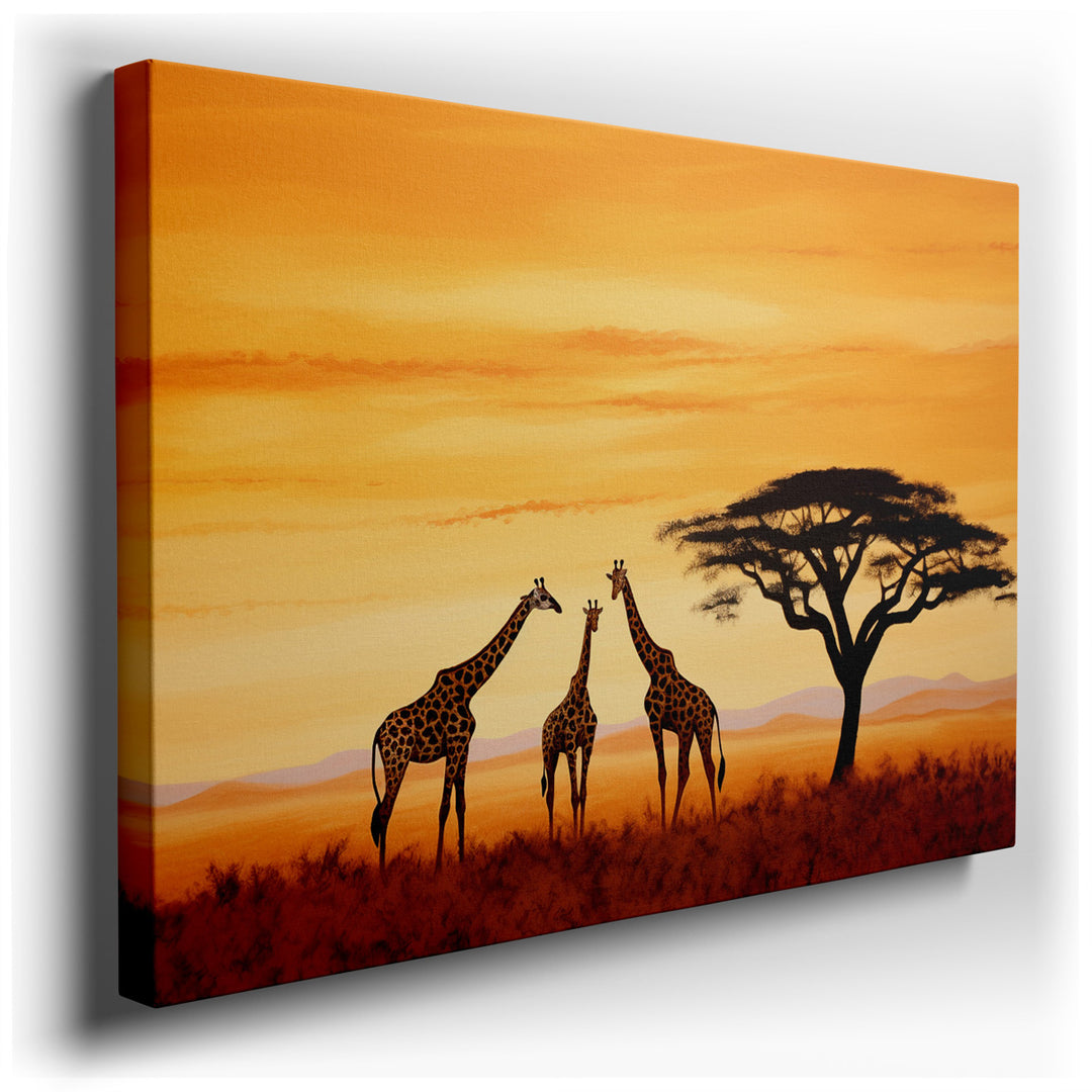 canvas print on wrapped canvas for wall decor – This exquisite wall art captures a serene moment in the wild, featuring three majestic giraffes silhouetted against a st...