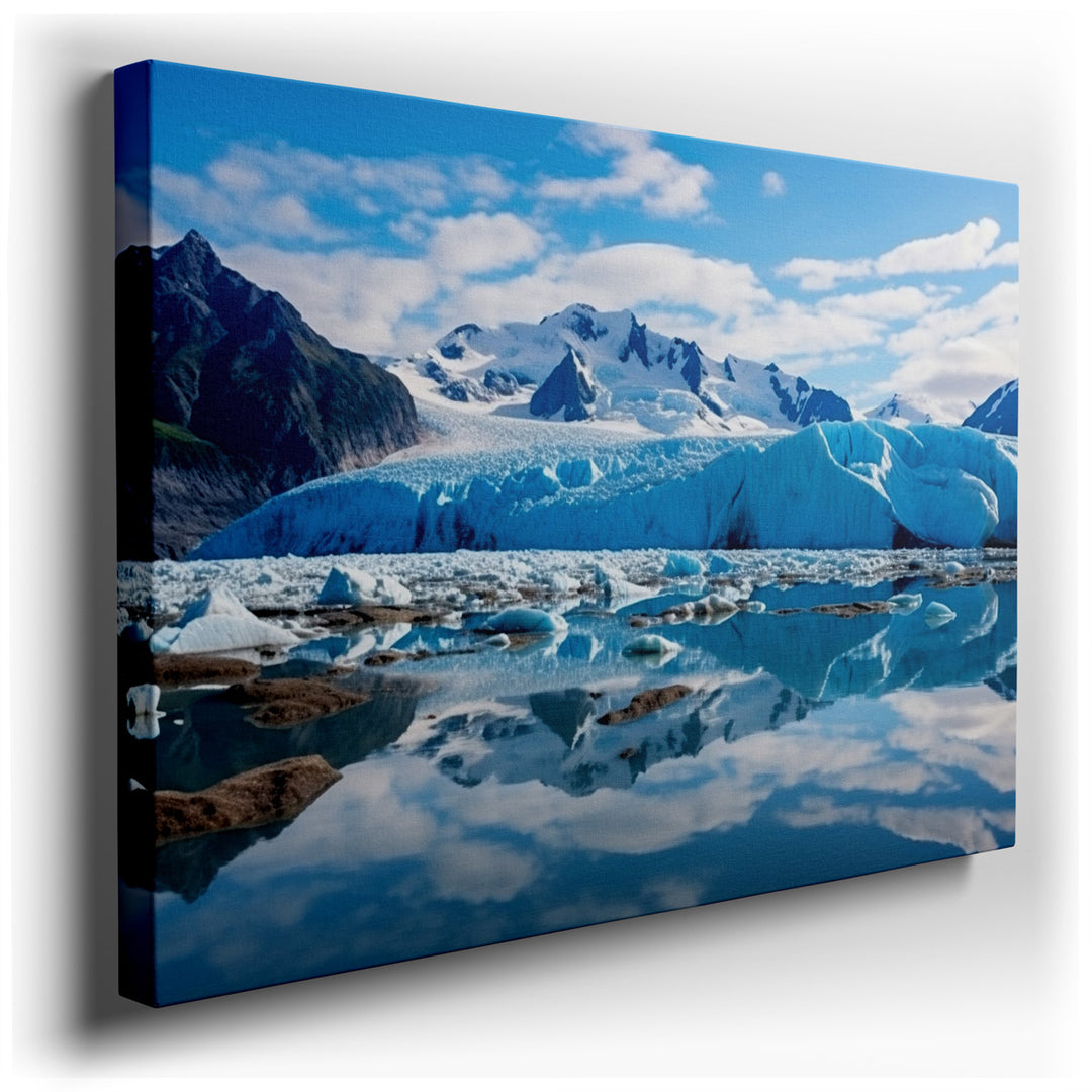 canvas print on wrapped canvas for wall decor – This exquisite wall art portrays a breathtaking scene of a glacier, its immense and pristine beauty mirrored perfectly i...