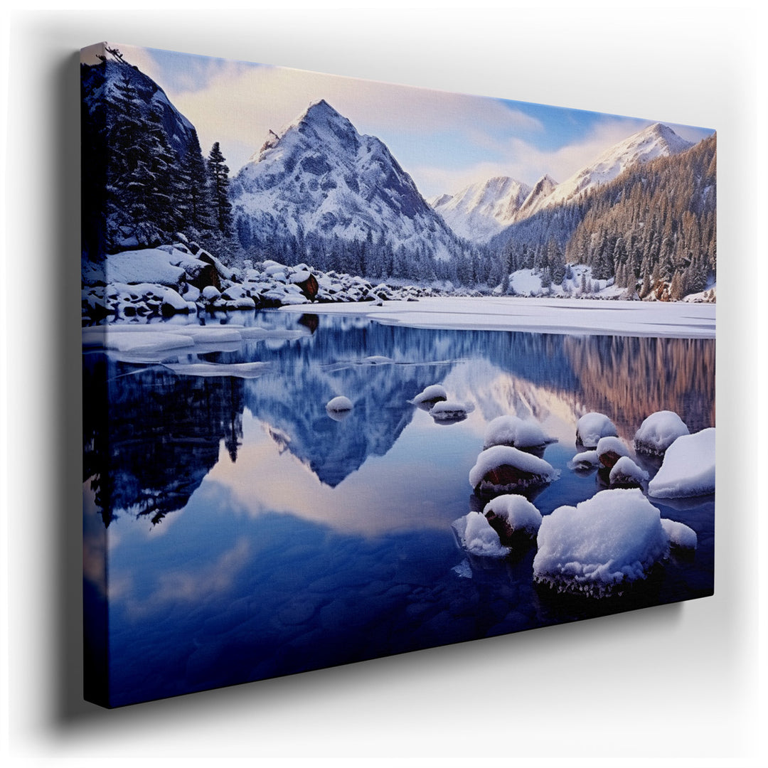 canvas print on wrapped canvas for wall decor – This wall art captures an awe-inspiring view of breathtaking iceberg formations surrounded by glacial ice and towering p...