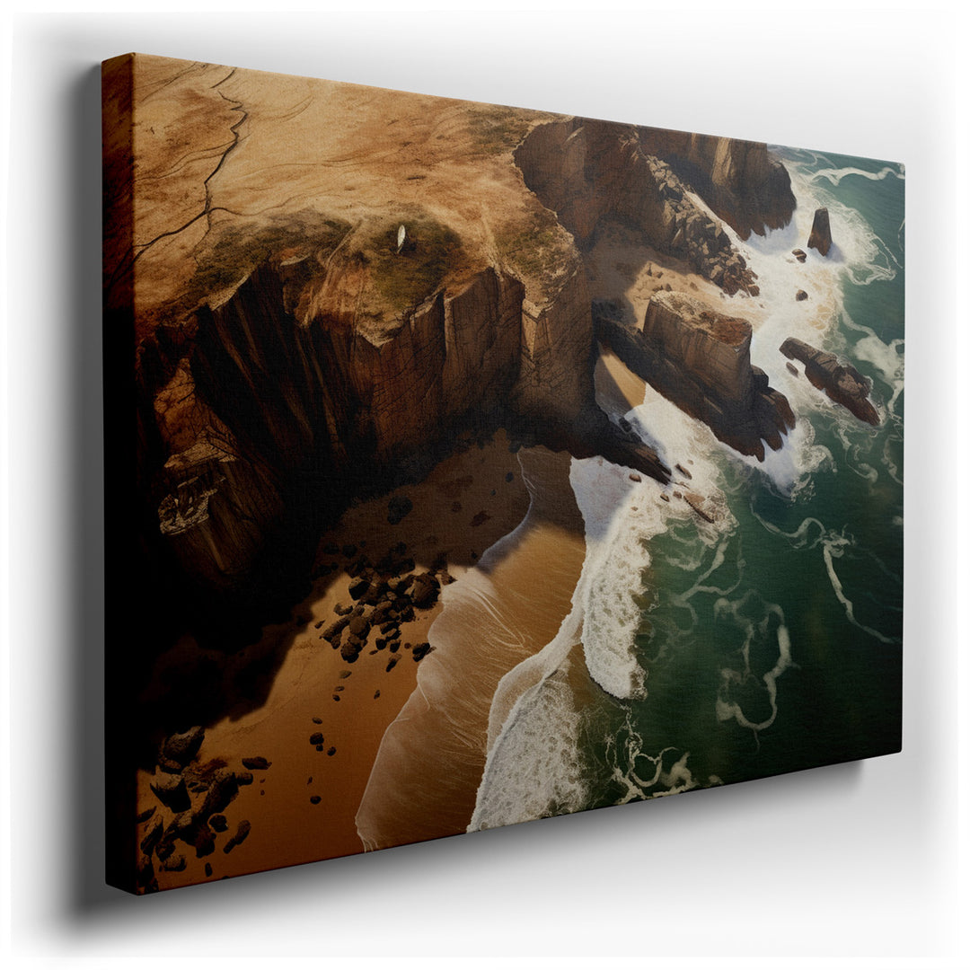 canvas print on wrapped canvas for wall decor – This wall art offers a breathtaking aerial perspective that masterfully captures the point where rugged cliffs boldly me...