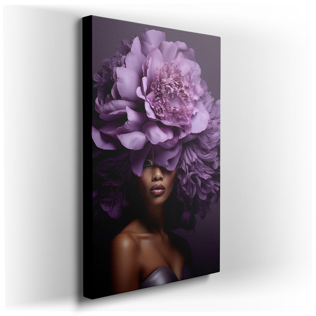 canvas print on wrapped canvas for wall decor – This wall art, a mesmerizing portrait of a woman crowned with an extravagant oversized floral headpiece, is a masterpiec...