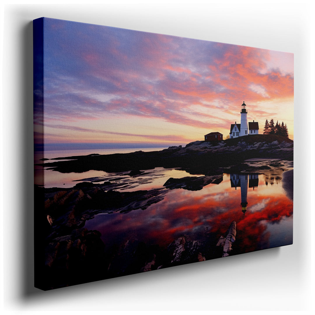 canvas print on wrapped canvas for wall decor – This wall art, a captivating portrayal of a coastal landscape, features an enchanting lighthouse standing proudly agains...