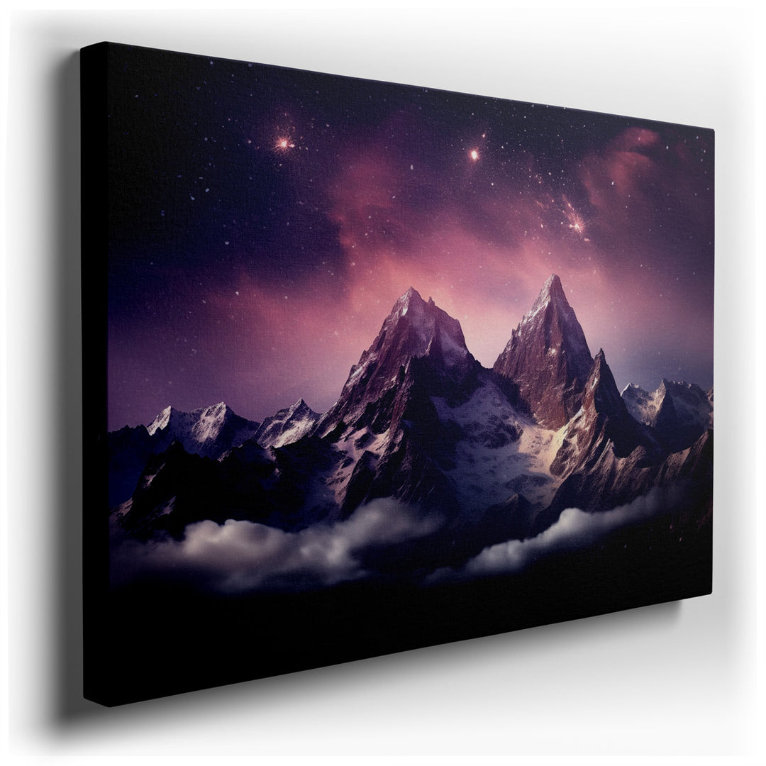 canvas print on wrapped canvas for wall decor – This captivating wall art is a masterful depiction of nature's sublime beauty, where towering mountains meet a cosmic sk...