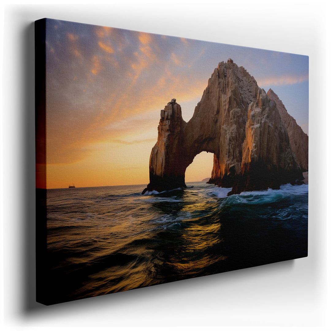 canvas print on wrapped canvas for wall decor – This wall art is a masterful portrayal of nature's grandeur, capturing an iconic rock formation at the ocean's edge duri...