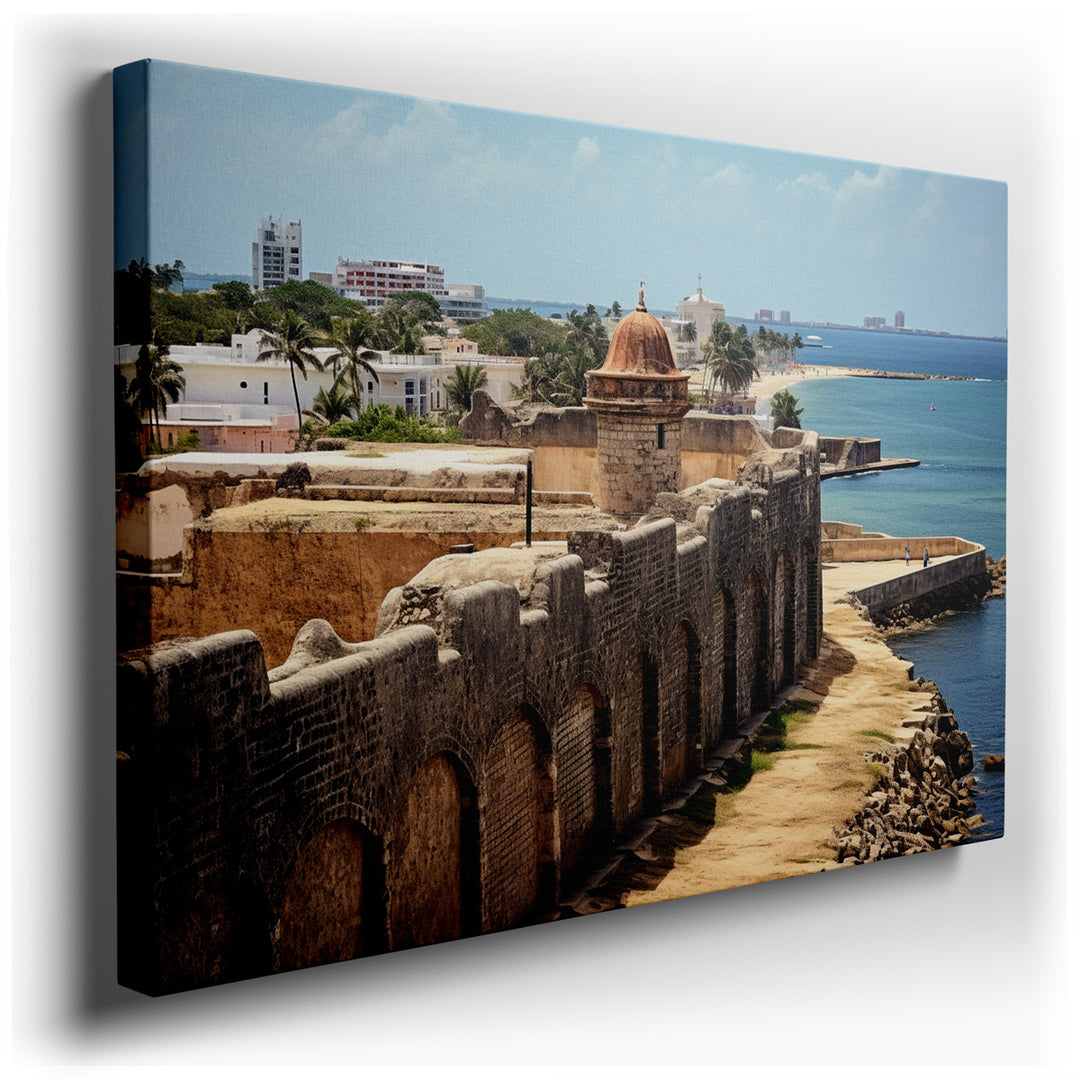 canvas print on wrapped canvas for wall decor – This captivating wall art portrays a majestic historical fort perched on the edge of a rugged coastline, its sturdy wall...