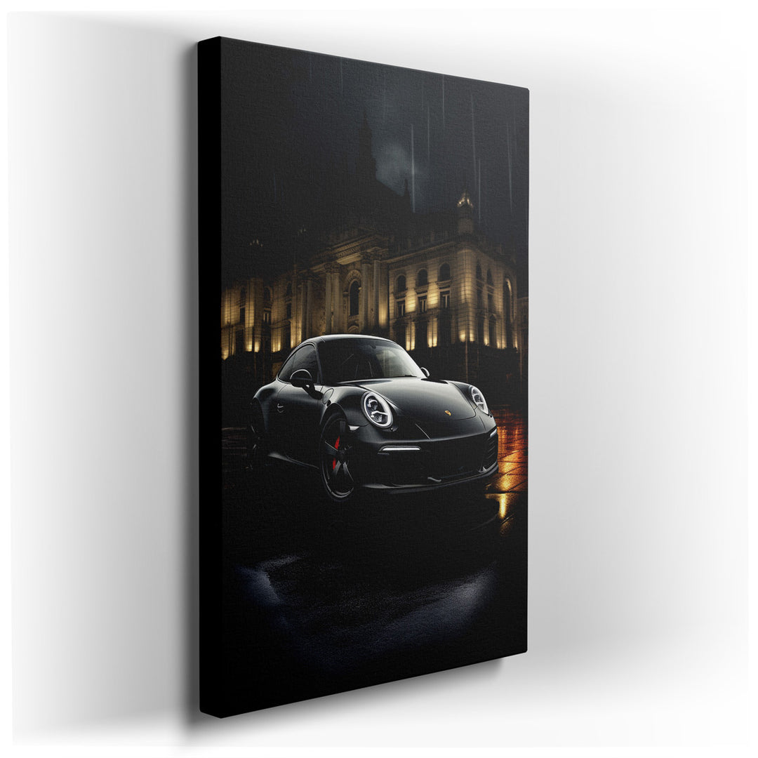 canvas print on wrapped canvas for wall decor – This wall art captures a moment of striking contrast and sophisticated allure, featuring a sleek black Porsche 911 elega...