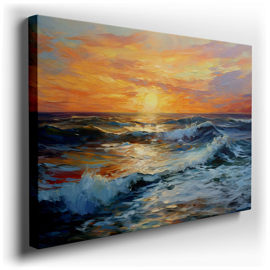 canvas print on wrapped canvas for wall decor – This wall art, a masterful depiction of a dramatic sunset over a churning ocean, is a true testament to the awe-inspirin...