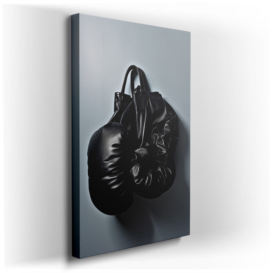 canvas print on wrapped canvas for wall decor – This wall art captures the essence of a stylish black leather bag, ingeniously designed to resemble a pair of boxing glo...