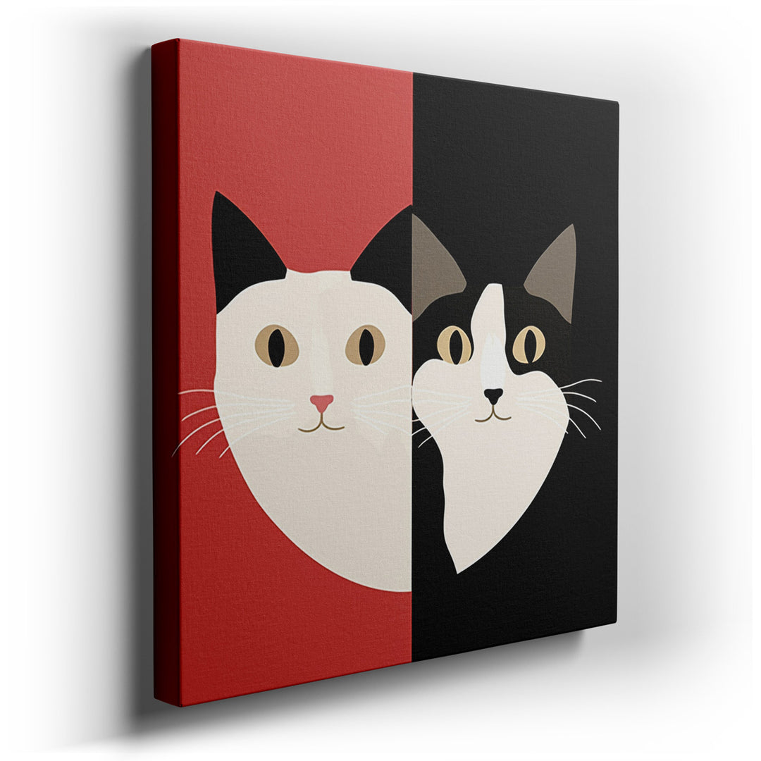 canvas print on wrapped canvas for wall decor – This enchanting wall art captures the whimsical essence of two stylized cat faces, each half reflecting a unique persona...
