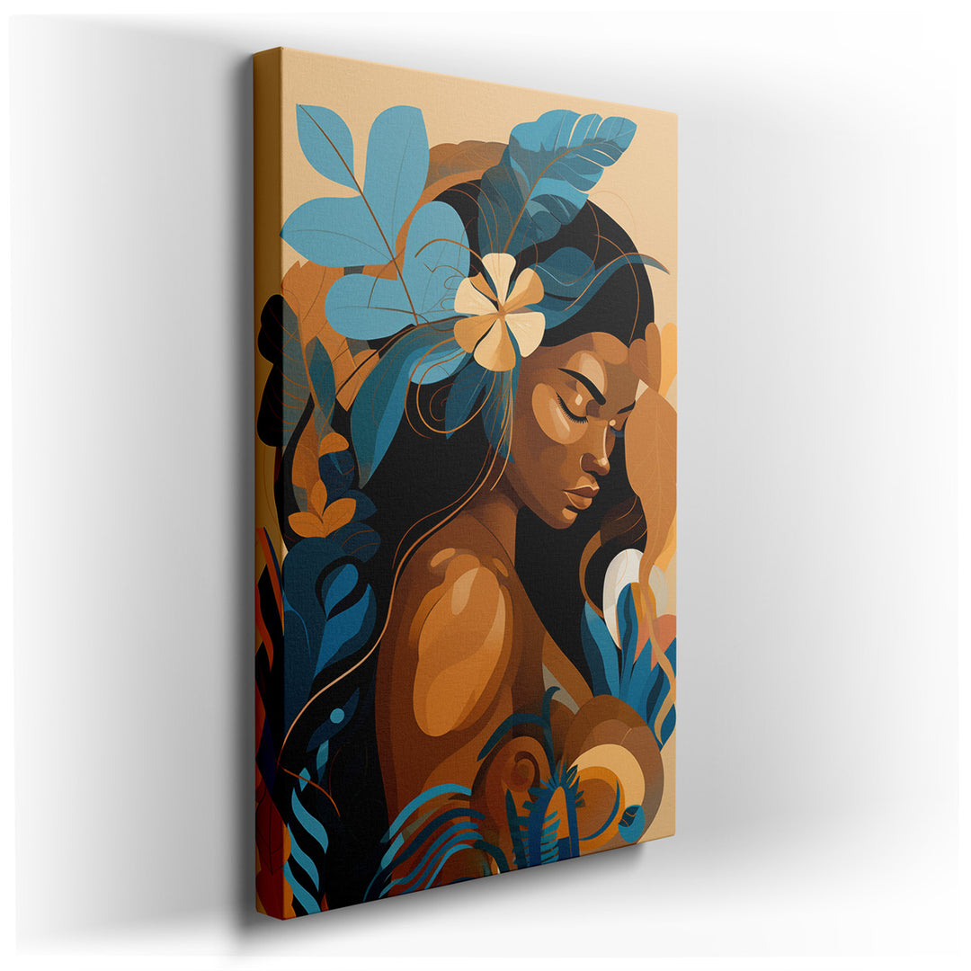 canvas print on wrapped canvas for wall decor – This captivating wall art, a stylized portrait of a woman surrounded by vivid floral accents, is a masterful celebration...