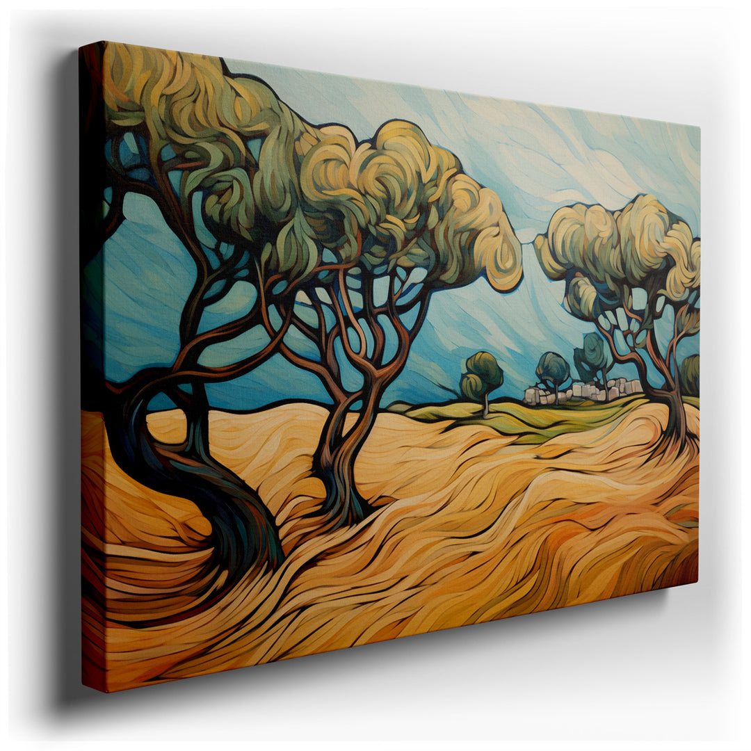 canvas print on wrapped canvas for wall decor – This enchanting wall art captures the essence of a serene landscape through a masterful blend of stylized trees and flow...