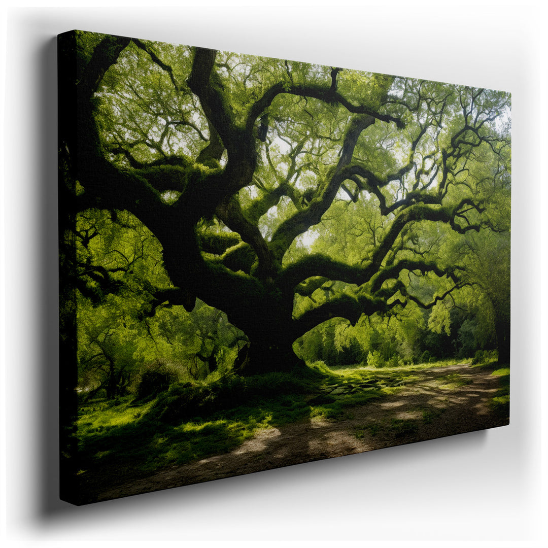 canvas print on wrapped canvas for wall decor – This wall art captures the essence of a serene and timeless natural landscape, dominated by the grandeur of an ancient t...