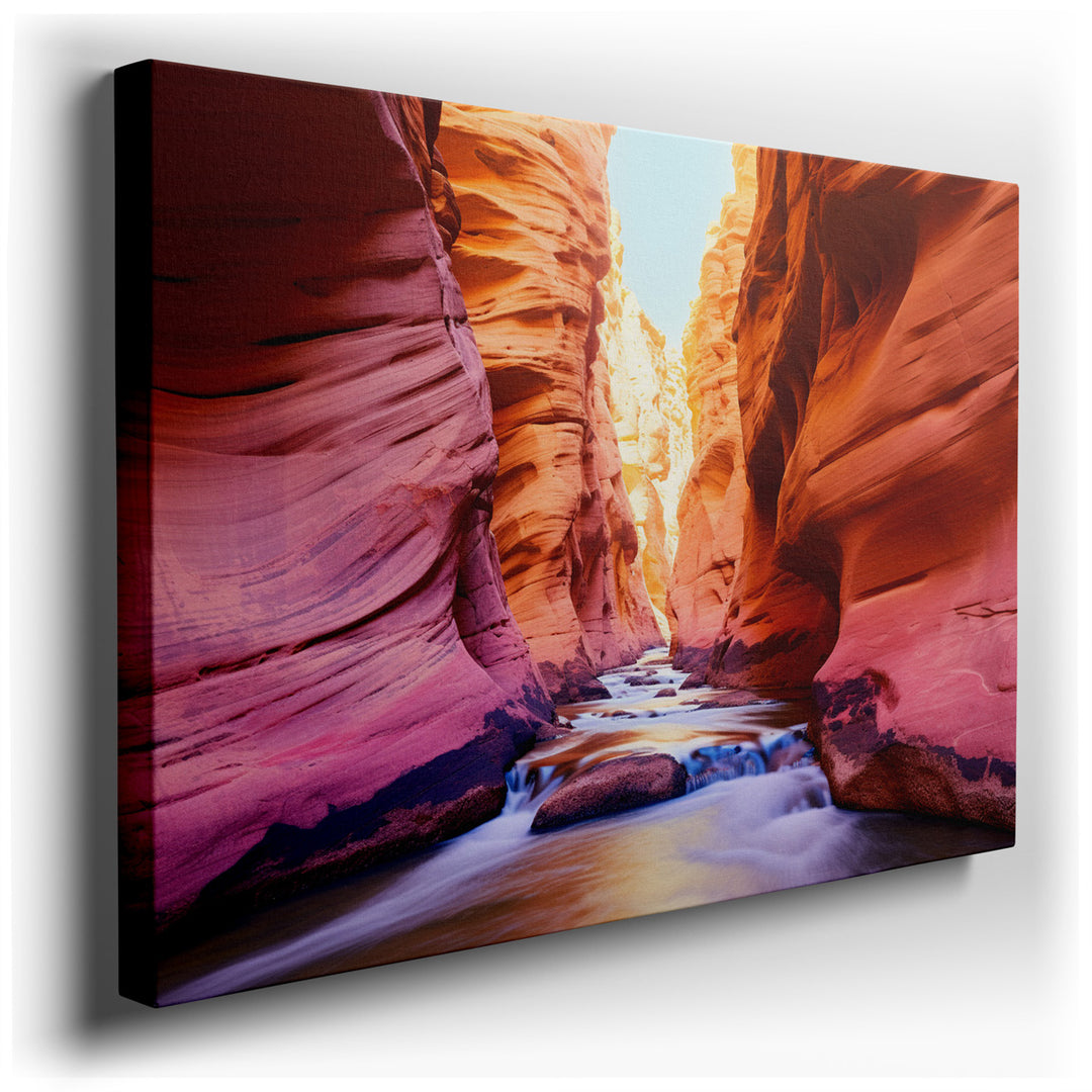 canvas print on wrapped canvas for wall decor – This exquisite wall art captures the awe-inspiring beauty of a narrow canyon, where the serene flow of water carves thro...