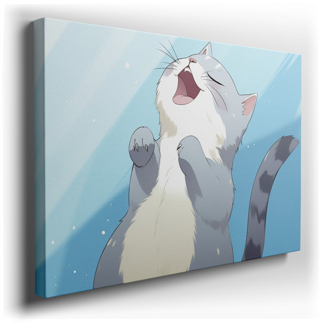 canvas print on wrapped canvas for wall decor – This enchanting wall art captures the essence of pure joy and playfulness through the depiction of a cat basking in the...