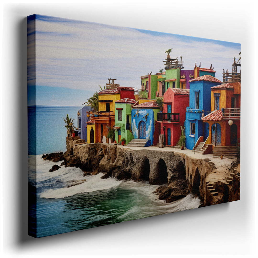 canvas print on wrapped canvas for wall decor – This enchanting wall art captures the essence of a quaint coastal village, nestled atop rugged cliffs that rise majestic...