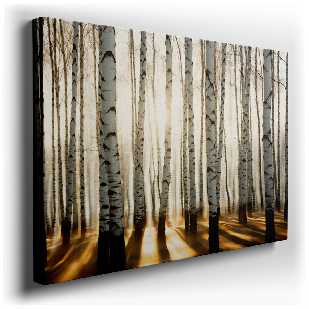 canvas print on wrapped canvas for wall decor – This captivating wall art portrays a serene forest of birch trees, each trunk standing tall and distinguished with its c...