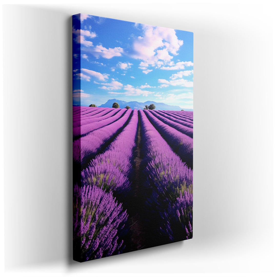 canvas print on wrapped canvas for wall decor – This wall art captures the expansive beauty of lavender fields under the embrace of a sunlit sky, offering a visual feas...