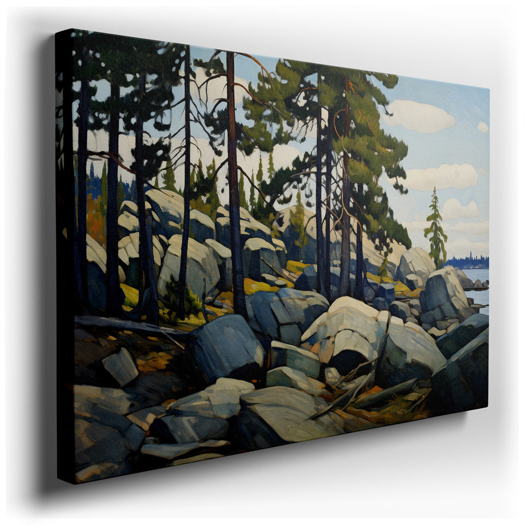canvas print on wrapped canvas for wall decor – This exquisite wall art captures the serene beauty of a natural landscape, where sun-drenched pines and smooth granite b...